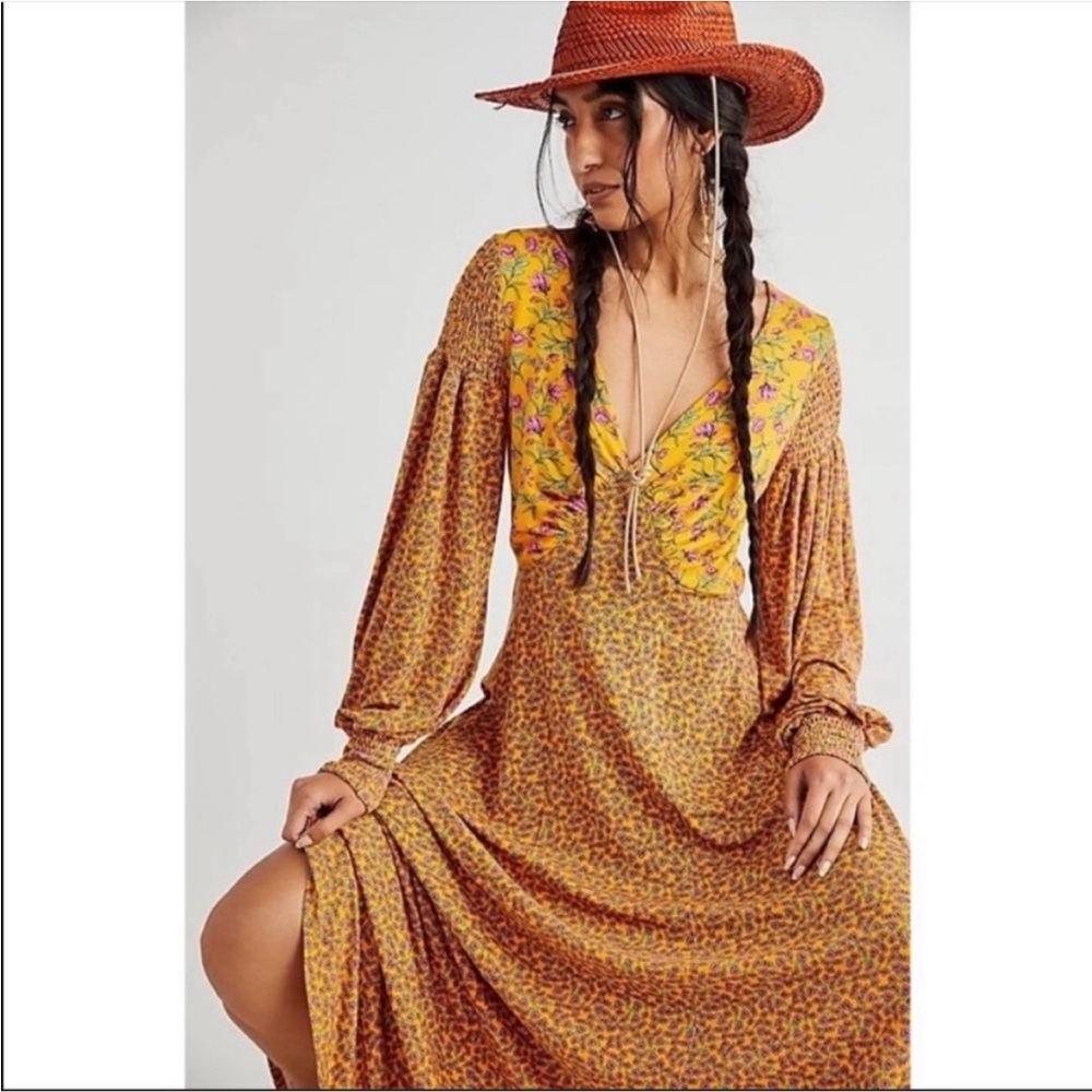 NWT FREE PEOPLE Love Story Gold Floral Maxi Dress